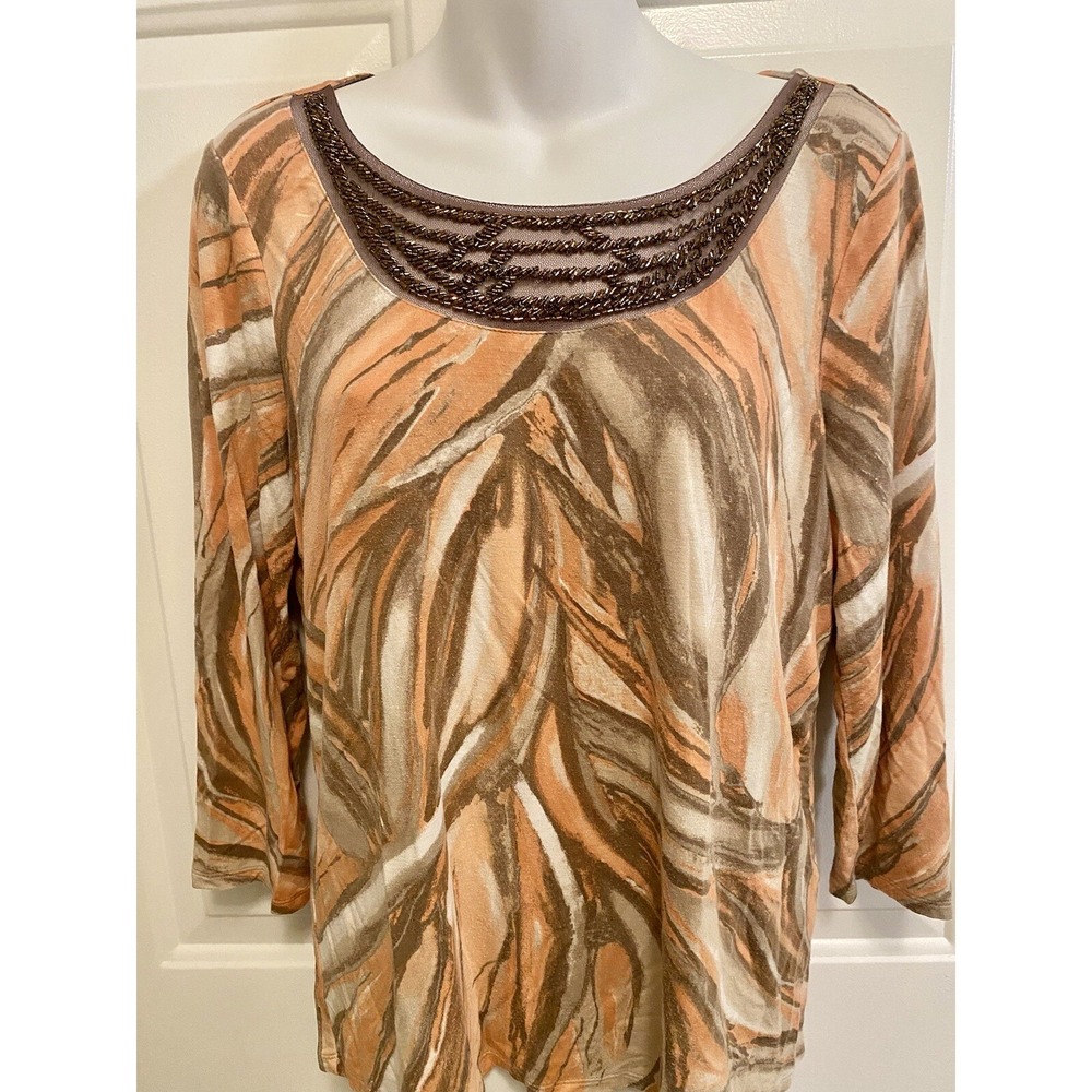 Dana Buchman Women’s Beaded Brown Peach Orange Top Size M 3/4 Sleeves - Picture 2 of 4